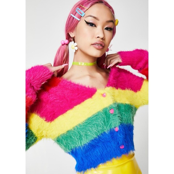 NWOT💜🎀LAZY OAF Rainbow 🌈 Fuzzy Crop Cardigan - Picture 2 of 6